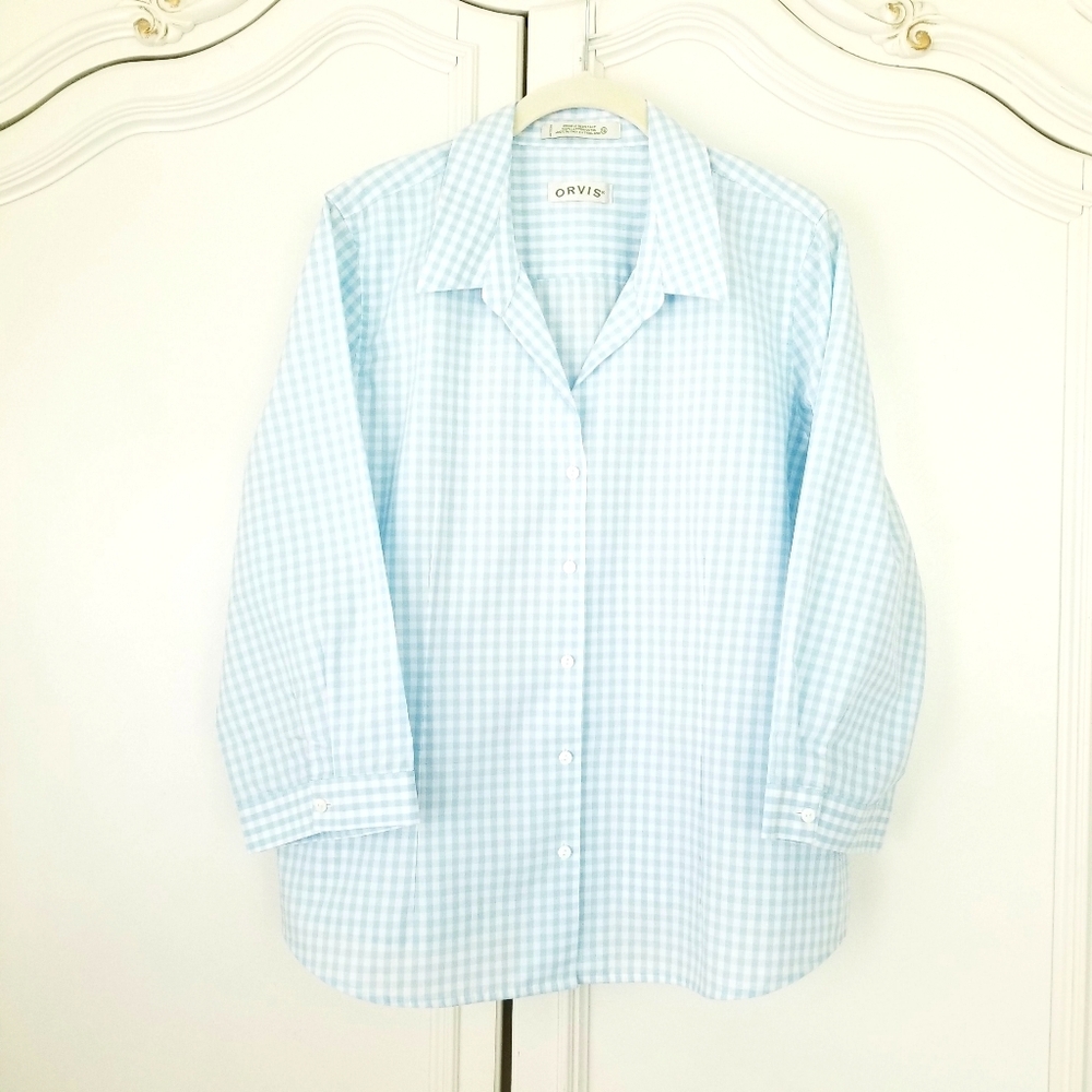 Orvis Blue White Gingham 3/4 Sleeve Button Front Wrinkle Resistant Top Womens 16